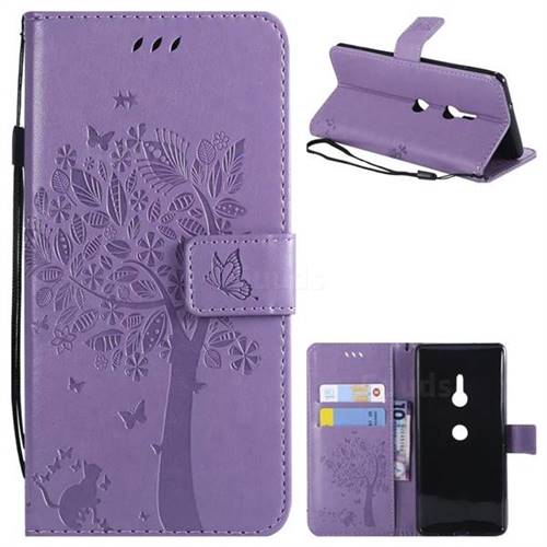 Embossing Butterfly Tree Leather Wallet Case for Sony Xperia XZ3 - Violet
