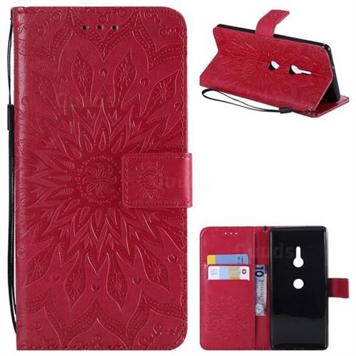 Embossing Sunflower Leather Wallet Case for Sony Xperia XZ3 - Red