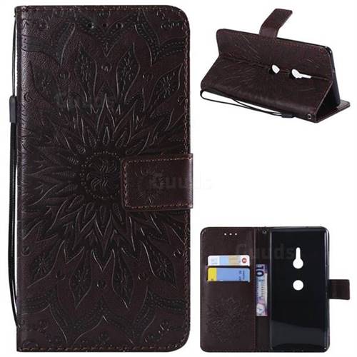 Embossing Sunflower Leather Wallet Case for Sony Xperia XZ3 - Brown