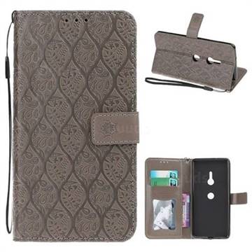 Intricate Embossing Rattan Flower Leather Wallet Case for Sony Xperia XZ3 - Grey