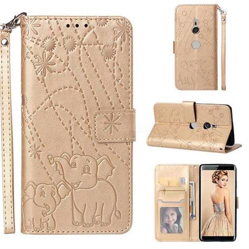 Embossing Fireworks Elephant Leather Wallet Case for Sony Xperia XZ3 - Golden