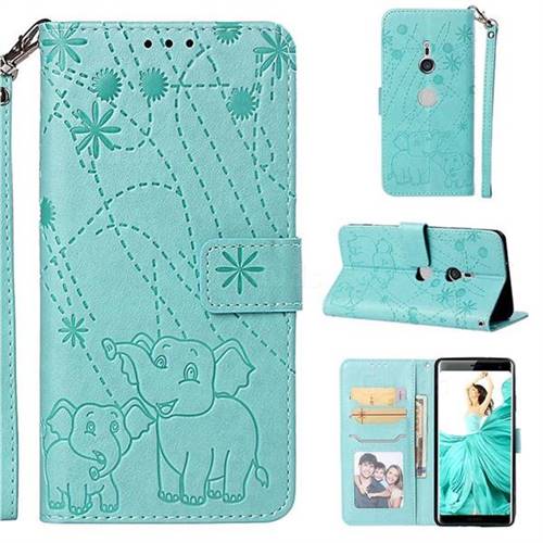 Embossing Fireworks Elephant Leather Wallet Case for Sony Xperia XZ3 - Green