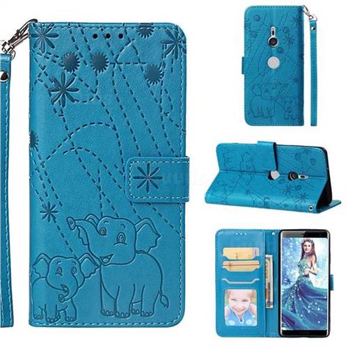 Embossing Fireworks Elephant Leather Wallet Case for Sony Xperia XZ3 - Blue