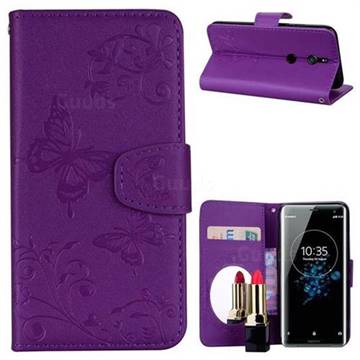 Embossing Butterfly Morning Glory Mirror Leather Wallet Case for Sony Xperia XZ3 - Purple