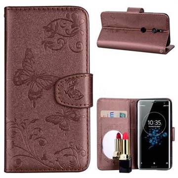 Embossing Butterfly Morning Glory Mirror Leather Wallet Case for Sony Xperia XZ3 - Coffee