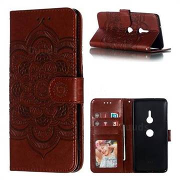 Intricate Embossing Datura Solar Leather Wallet Case for Sony Xperia XZ3 - Brown