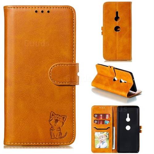 Embossing Happy Cat Leather Wallet Case for Sony Xperia XZ3 - Yellow