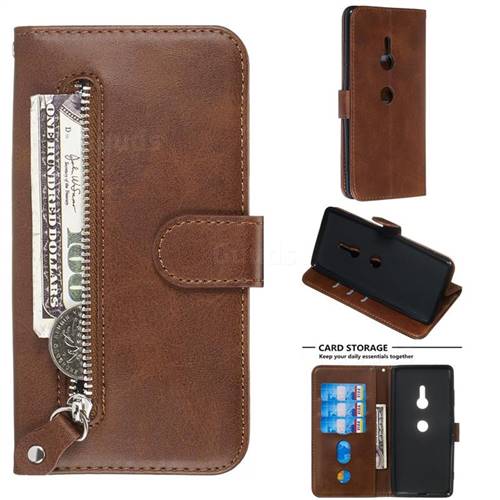 Retro Luxury Zipper Leather Phone Wallet Case for Sony Xperia XZ3 - Brown