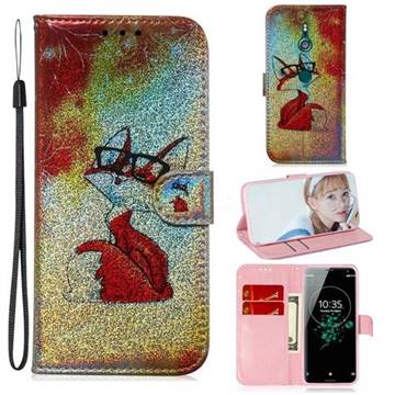 Glasses Fox Laser Shining Leather Wallet Phone Case for Sony Xperia XZ3