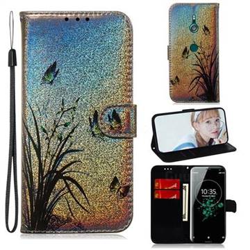 Butterfly Orchid Laser Shining Leather Wallet Phone Case for Sony Xperia XZ3