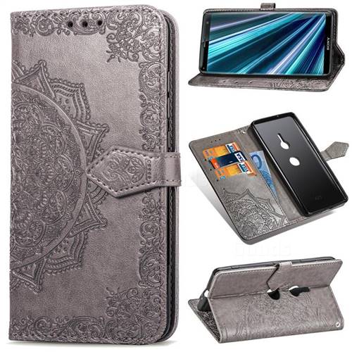 Embossing Imprint Mandala Flower Leather Wallet Case for Sony Xperia XZ3 - Gray