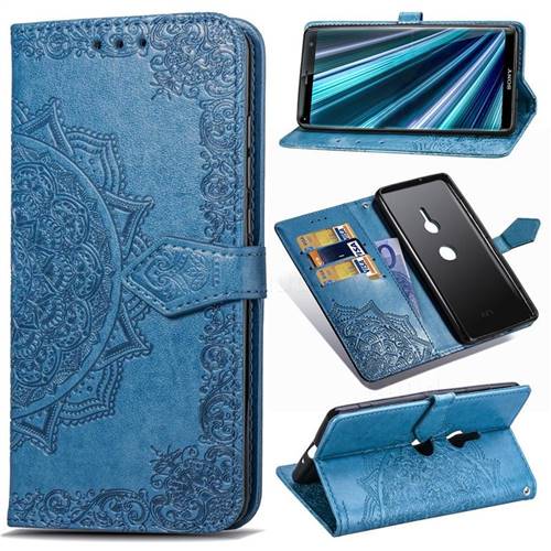 Embossing Imprint Mandala Flower Leather Wallet Case for Sony Xperia XZ3 - Blue