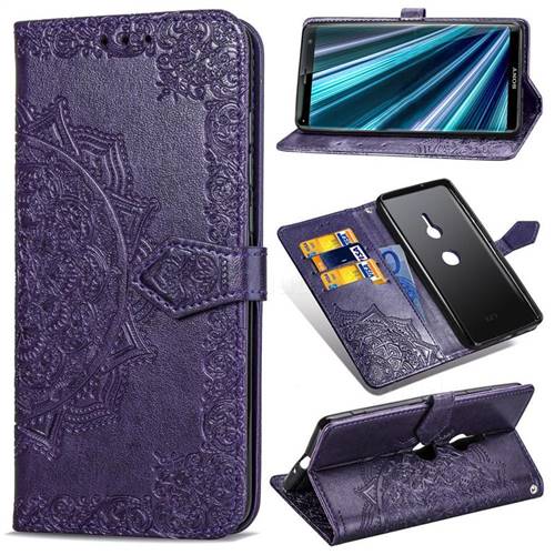 Embossing Imprint Mandala Flower Leather Wallet Case for Sony Xperia XZ3 - Purple