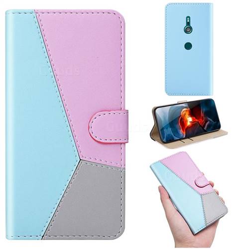 Tricolour Stitching Wallet Flip Cover for Sony Xperia XZ3 - Blue