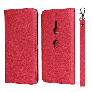 Ultra Slim Magnetic Automatic Suction Silk Lanyard Leather Flip Cover for Sony Xperia XZ3 - Red