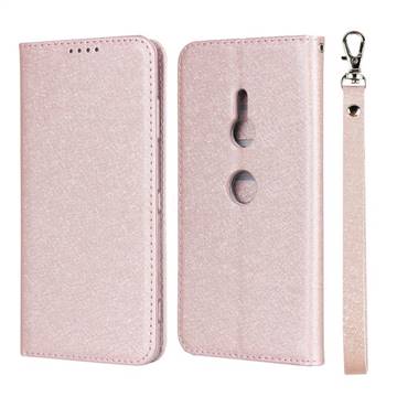 Ultra Slim Magnetic Automatic Suction Silk Lanyard Leather Flip Cover for Sony Xperia XZ3 - Rose Gold