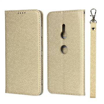 Ultra Slim Magnetic Automatic Suction Silk Lanyard Leather Flip Cover for Sony Xperia XZ3 - Golden