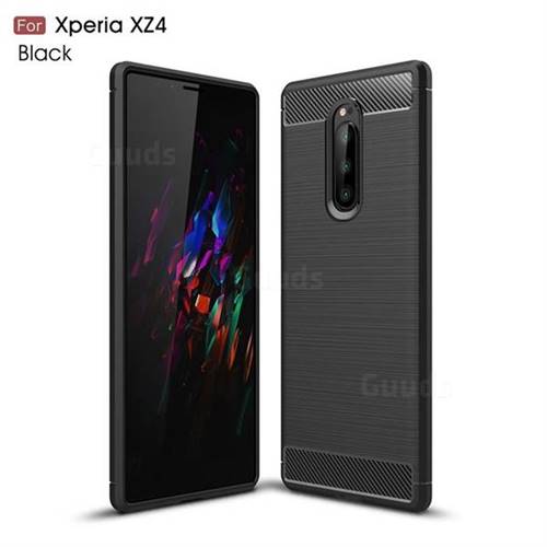 Luxury Carbon Fiber Brushed Wire Drawing Silicone TPU Back Cover for Sony Xperia 1 / Xperia XZ4 - Black