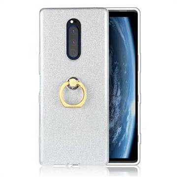 Luxury Soft TPU Glitter Back Ring Cover with 360 Rotate Finger Holder Buckle for Sony Xperia 1 / Xperia XZ4 - White