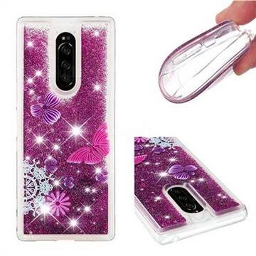 Purple Flower Butterfly Dynamic Liquid Glitter Quicksand Soft TPU Case for Sony Xperia 1 / Xperia XZ4