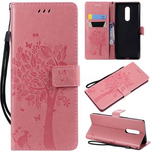 Embossing Butterfly Tree Leather Wallet Case for Sony Xperia 1 / Xperia XZ4 - Pink
