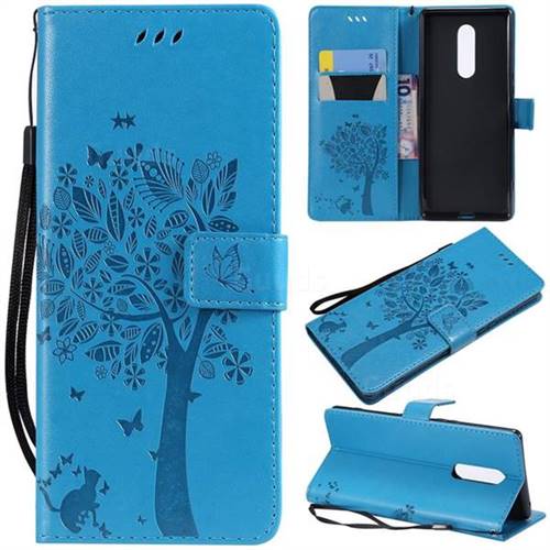 Embossing Butterfly Tree Leather Wallet Case for Sony Xperia 1 / Xperia XZ4 - Blue