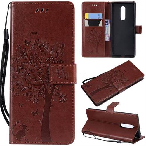 Embossing Butterfly Tree Leather Wallet Case for Sony Xperia 1 / Xperia XZ4 - Coffee