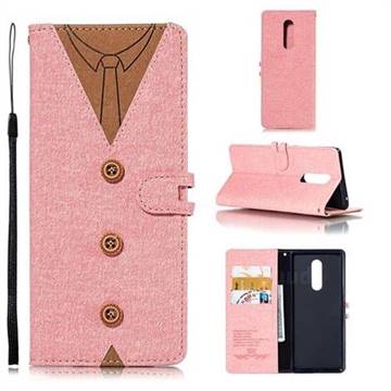 Mens Button Clothing Style Leather Wallet Phone Case for Sony Xperia 1 / Xperia XZ4 - Pink