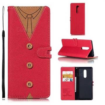 Mens Button Clothing Style Leather Wallet Phone Case for Sony Xperia 1 / Xperia XZ4 - Red