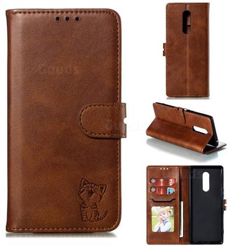 Embossing Happy Cat Leather Wallet Case for Sony Xperia 1 / Xperia XZ4 - Brown