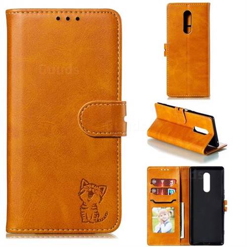 Embossing Happy Cat Leather Wallet Case for Sony Xperia 1 / Xperia XZ4 - Yellow