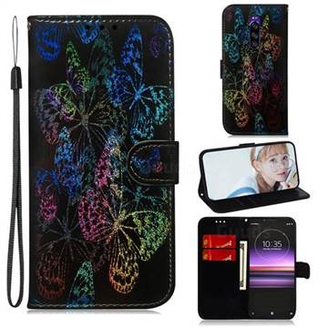 Black Butterfly Laser Shining Leather Wallet Phone Case for Sony Xperia 1 / Xperia XZ4