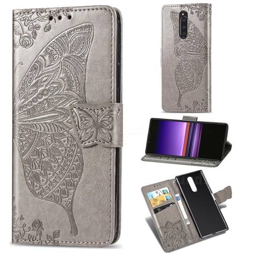 Embossing Mandala Flower Butterfly Leather Wallet Case for Sony Xperia 1 / Xperia XZ4 - Gray