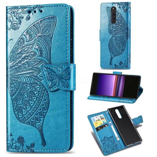 Embossing Mandala Flower Butterfly Leather Wallet Case for Sony Xperia 1 / Xperia XZ4 - Blue