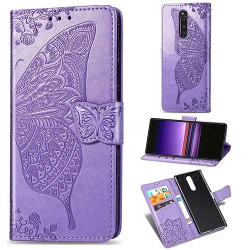 Embossing Mandala Flower Butterfly Leather Wallet Case for Sony Xperia 1 / Xperia XZ4 - Light Purple
