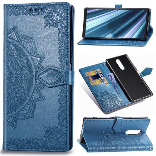 Embossing Imprint Mandala Flower Leather Wallet Case for Sony Xperia 1 / Xperia XZ4 - Blue