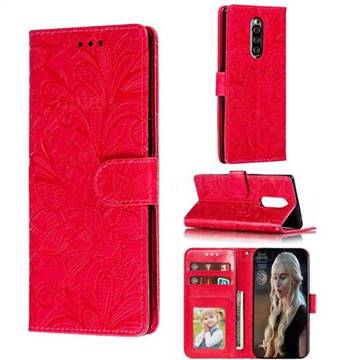Intricate Embossing Lace Jasmine Flower Leather Wallet Case for Sony Xperia 1 / Xperia XZ4 - Red