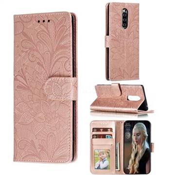 Intricate Embossing Lace Jasmine Flower Leather Wallet Case for Sony Xperia 1 / Xperia XZ4 - Rose Gold
