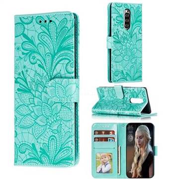 Intricate Embossing Lace Jasmine Flower Leather Wallet Case for Sony Xperia 1 / Xperia XZ4 - Green