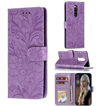Intricate Embossing Lace Jasmine Flower Leather Wallet Case for Sony Xperia 1 / Xperia XZ4 - Purple