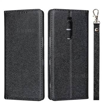 Ultra Slim Magnetic Automatic Suction Silk Lanyard Leather Flip Cover for Sony Xperia 1 / Xperia XZ4 - Black