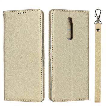 Ultra Slim Magnetic Automatic Suction Silk Lanyard Leather Flip Cover for Sony Xperia 1 / Xperia XZ4 - Golden