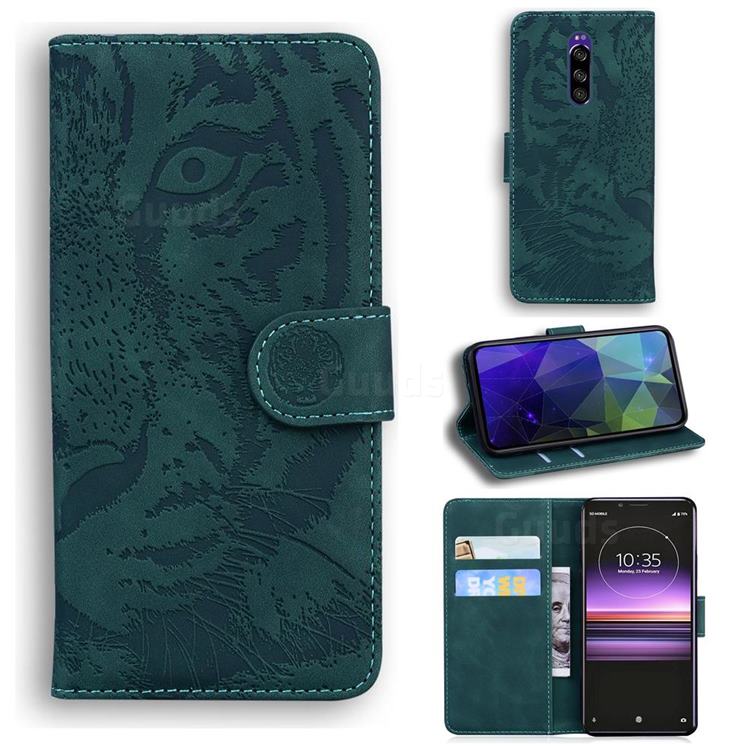 Intricate Embossing Tiger Face Leather Wallet Case for Sony Xperia 1 / Xperia XZ4 - Green