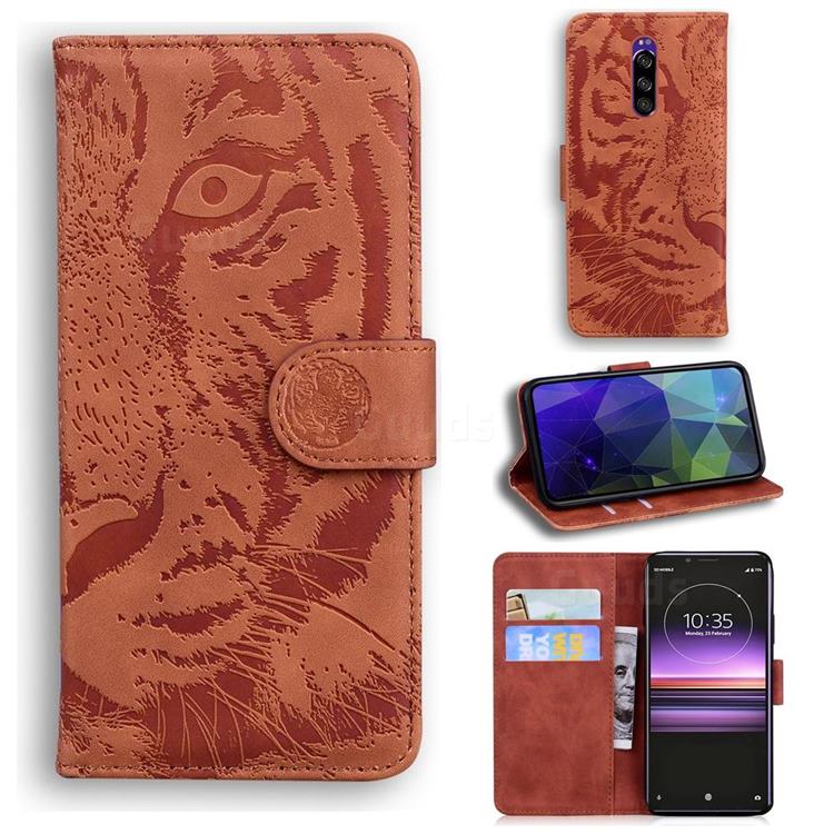 Intricate Embossing Tiger Face Leather Wallet Case for Sony Xperia 1 / Xperia XZ4 - Brown