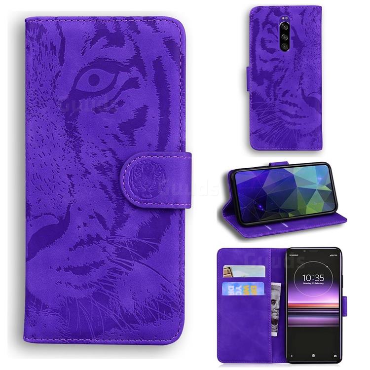 Intricate Embossing Tiger Face Leather Wallet Case for Sony Xperia 1 / Xperia XZ4 - Purple
