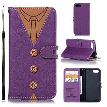 Mens Button Clothing Style Leather Wallet Phone Case for Sony Xperia 1 / Xperia XZ4 Compact - Purple