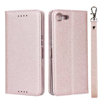 Ultra Slim Magnetic Automatic Suction Silk Lanyard Leather Flip Cover for Sony Xperia XZ4 Compact - Rose Gold