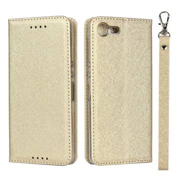 Ultra Slim Magnetic Automatic Suction Silk Lanyard Leather Flip Cover for Sony Xperia XZ4 Compact - Golden