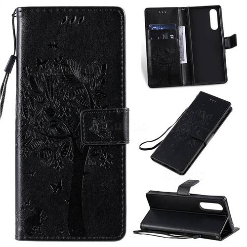 Embossing Butterfly Tree Leather Wallet Case for Sony Xperia 5 / Xperia XZ5 - Black