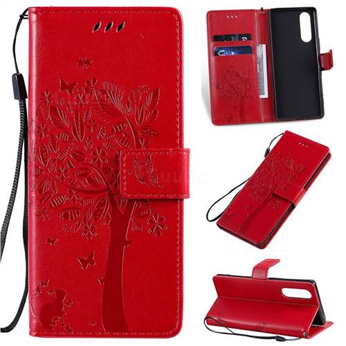 Embossing Butterfly Tree Leather Wallet Case for Sony Xperia 5 / Xperia XZ5 - Red